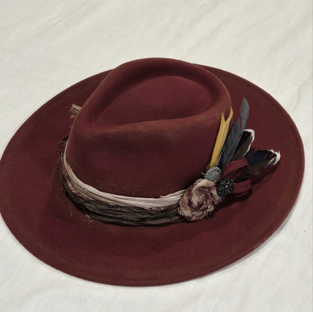 Handcrafted Upcycled distressed felt fedora hat
